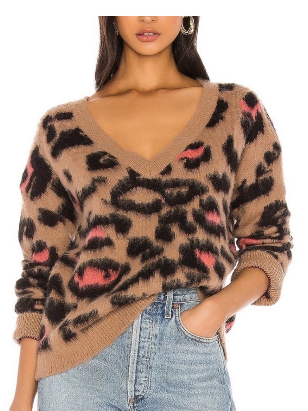 NWT wildfox v-neck preppy kitty Tatum mohair sweater leopard pink size medium